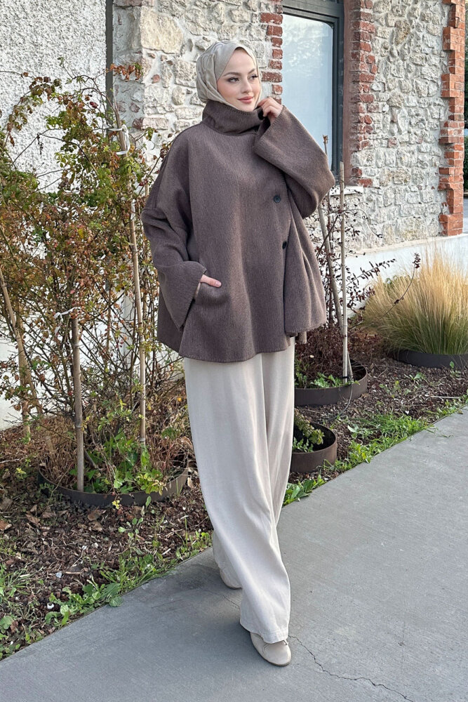 Nua Düğmeli Yırtmaçlı Kısa Kaban - Vizon - ALLMİSS (3)