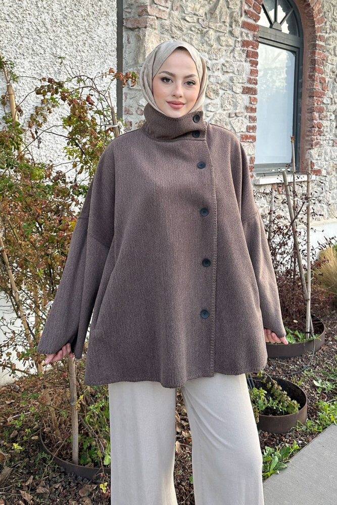 Nua Düğmeli Yırtmaçlı Kısa Kaban - Vizon - 5