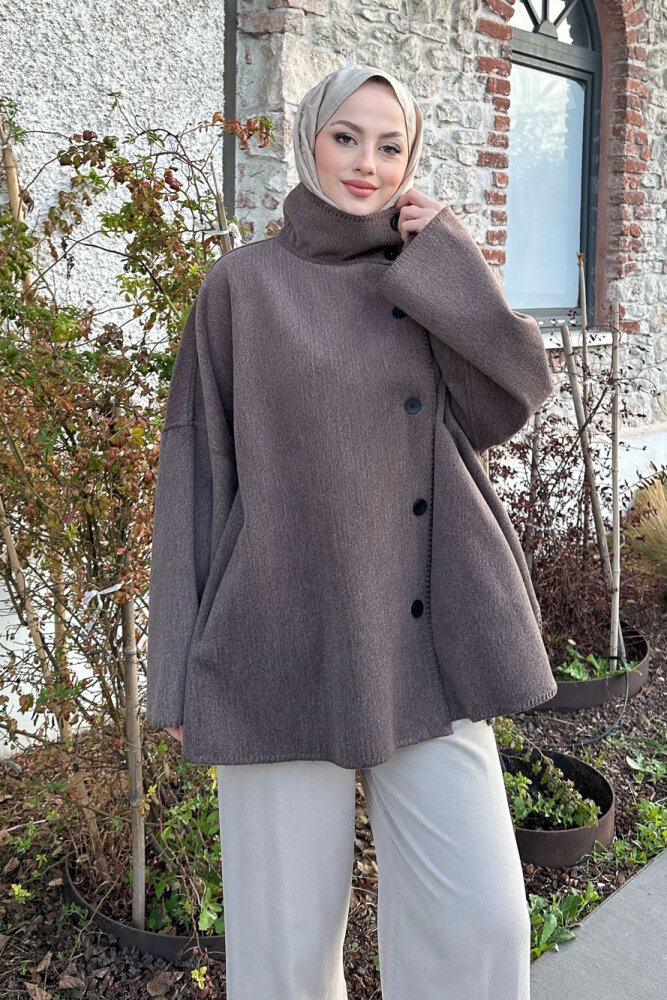 Nua Düğmeli Yırtmaçlı Kısa Kaban - Vizon - 3