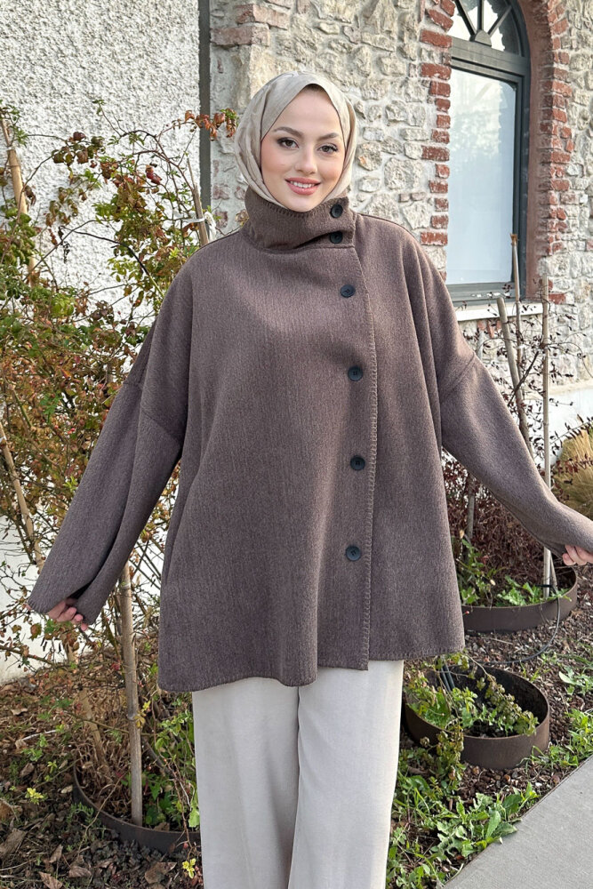 Nua Düğmeli Yırtmaçlı Kısa Kaban - Vizon - ALLMİSS (5)