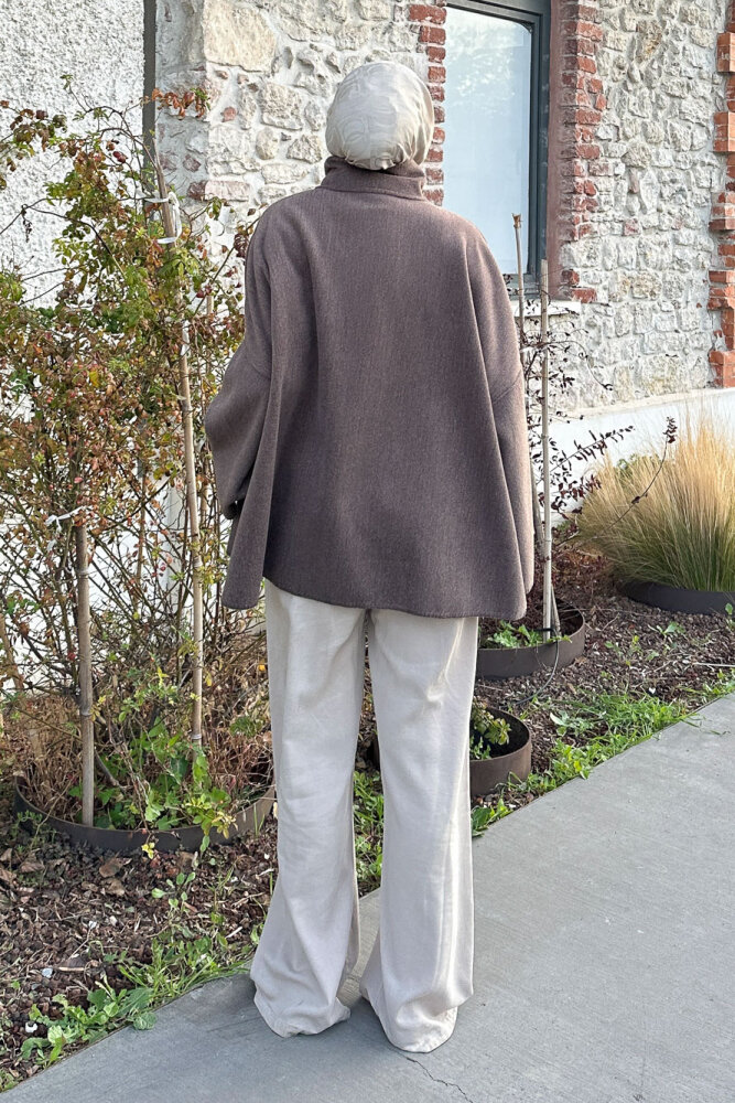 Nua Düğmeli Yırtmaçlı Kısa Kaban - Vizon - 8