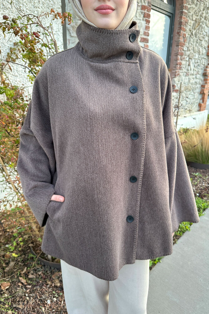 Nua Düğmeli Yırtmaçlı Kısa Kaban - Vizon - 7