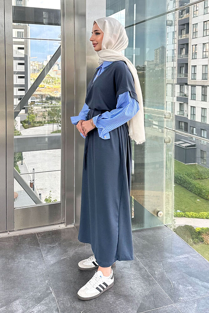 Odette Poplin Detaylı Penye Elbise - Antrasit - ENMA (4)