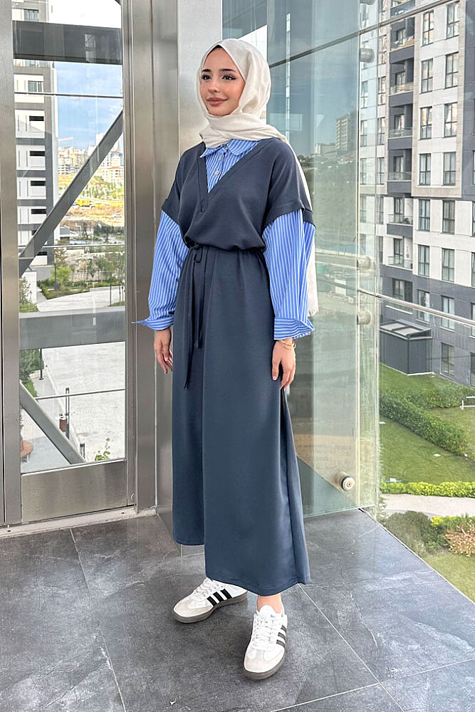 Odette Poplin Detaylı Penye Elbise - Antrasit - ENMA (3)