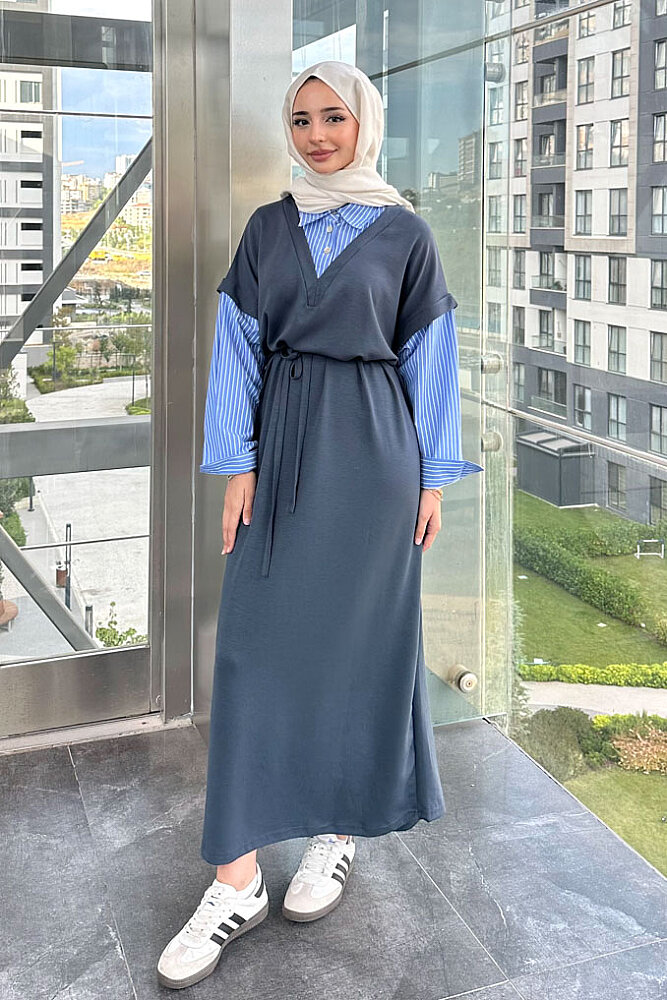 Odette Poplin Detaylı Penye Elbise - Antrasit - 1