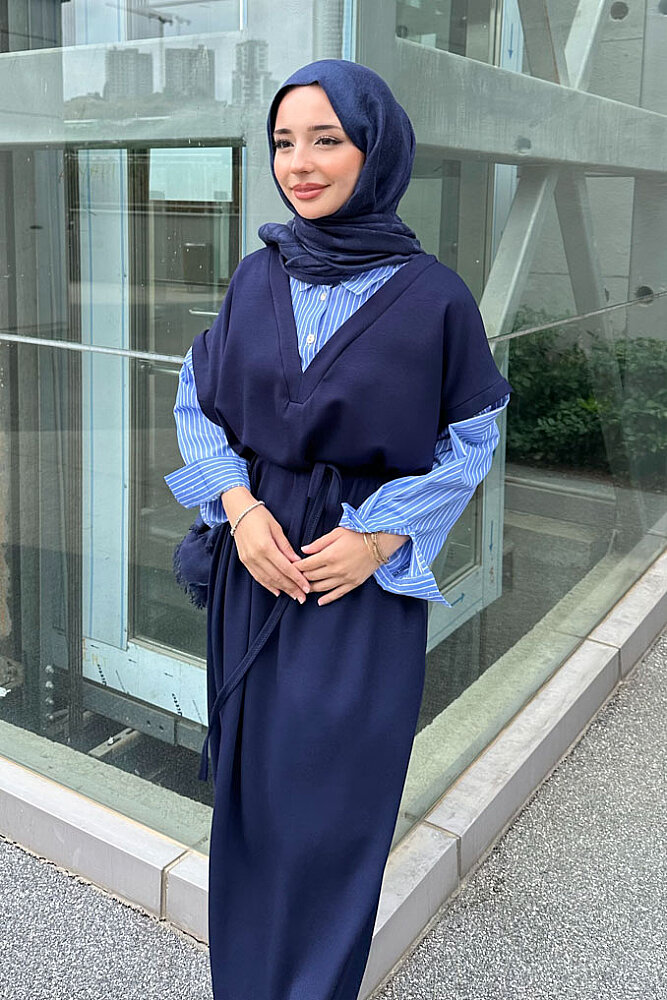 Odette Poplin Detaylı Penye Elbise - Lacivert - 5