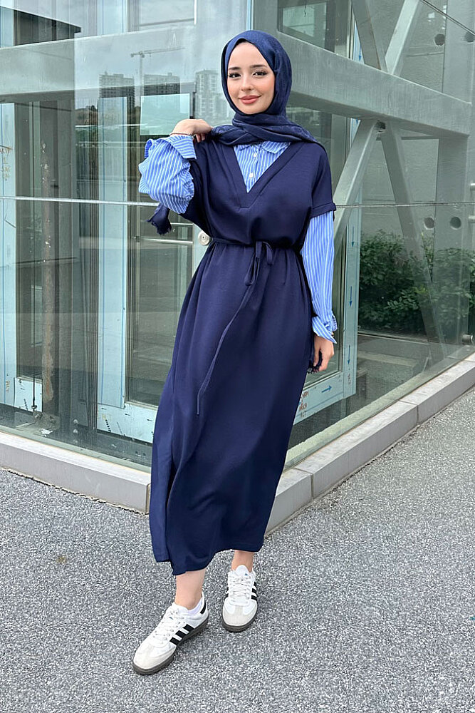 Odette Poplin Detaylı Penye Elbise - Lacivert - 1