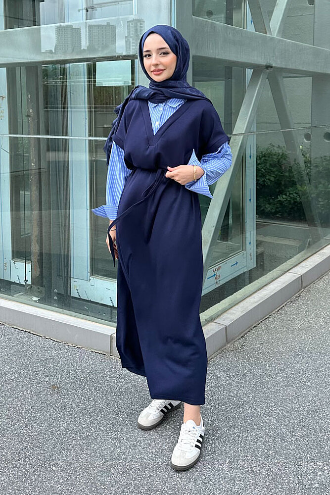 Odette Poplin Detaylı Penye Elbise - Lacivert - 4