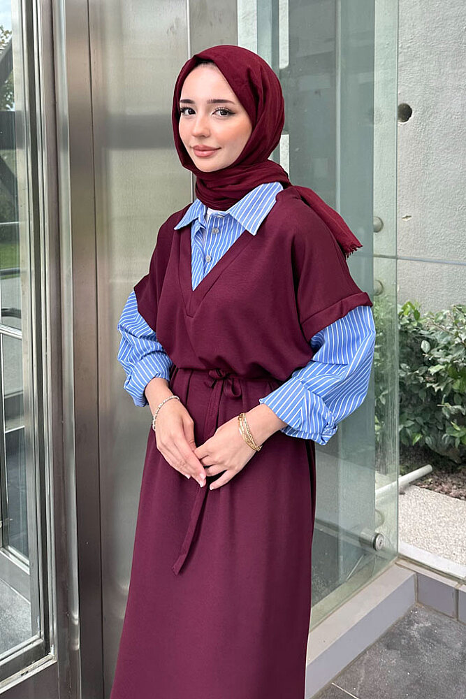 Odette Poplin Detaylı Penye Elbise - Mürdüm - ENMA (1)