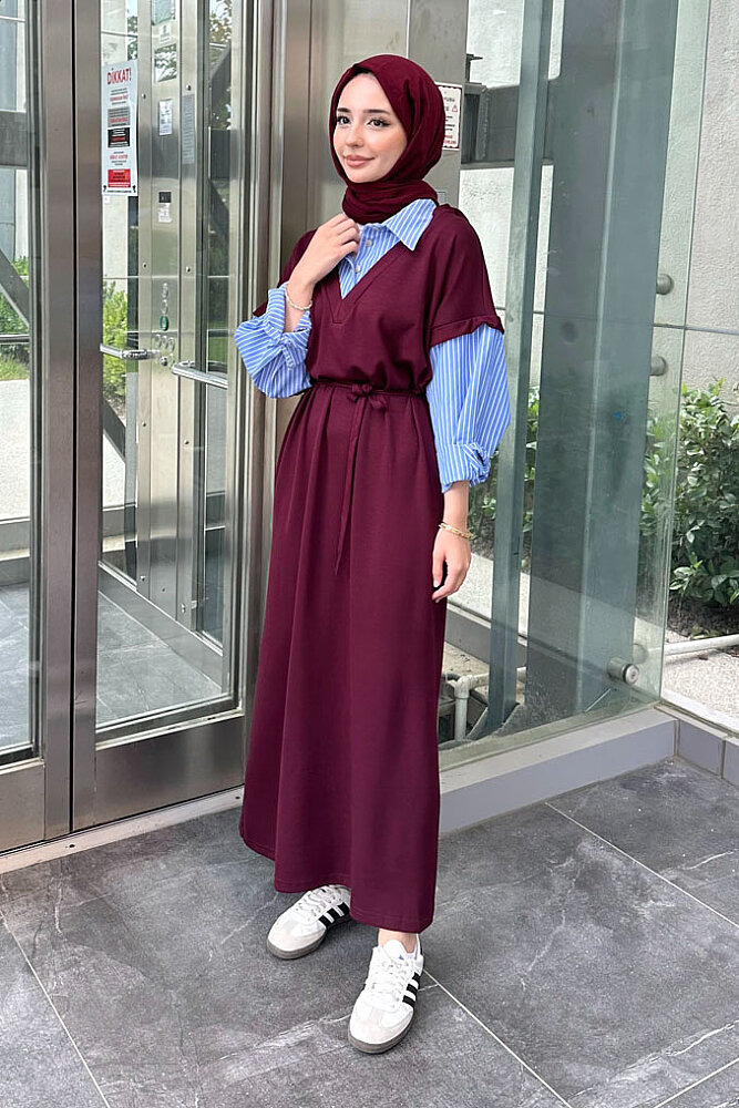 Odette Poplin Detaylı Penye Elbise - Mürdüm - 5