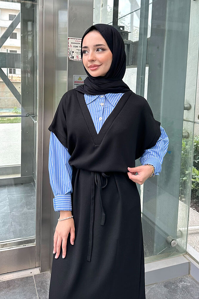 Odette Poplin Detaylı Penye Elbise - Siyah - ENMA (1)