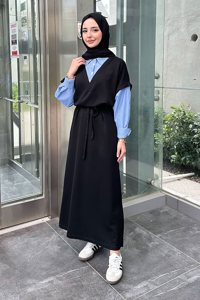 Odette Poplin Detaylı Penye Elbise - Siyah - 1