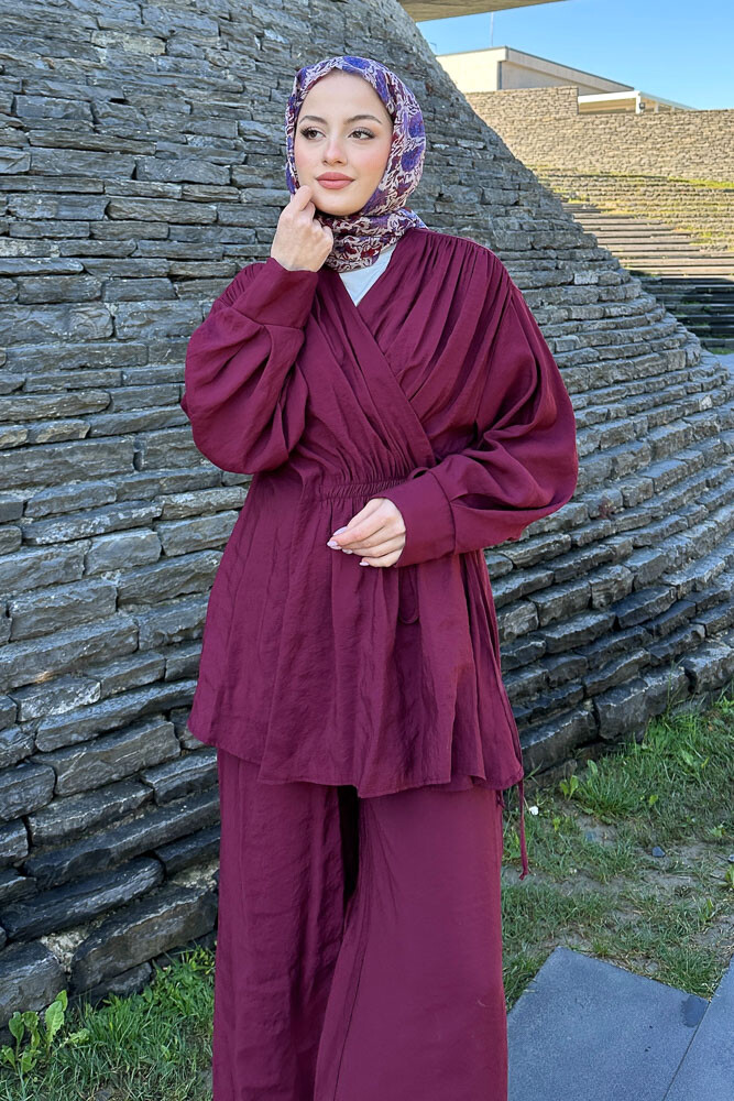 Omuz Büzgülü Takım - Bordo - 5