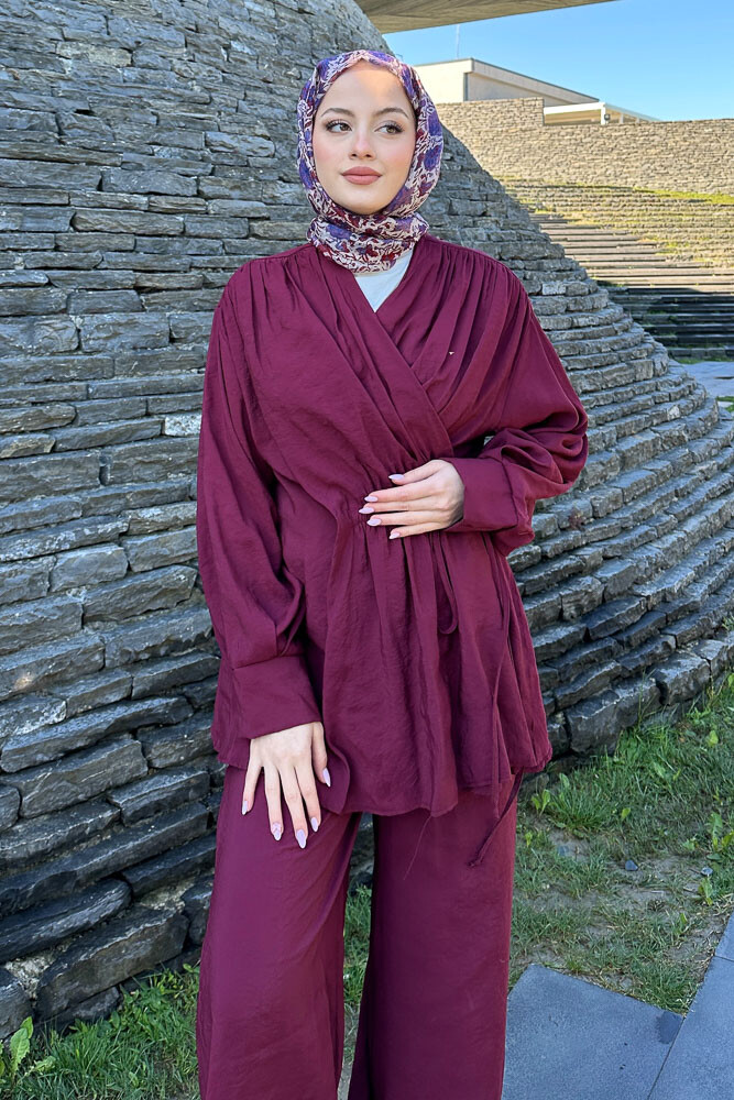 Omuz Büzgülü Takım - Bordo - 3