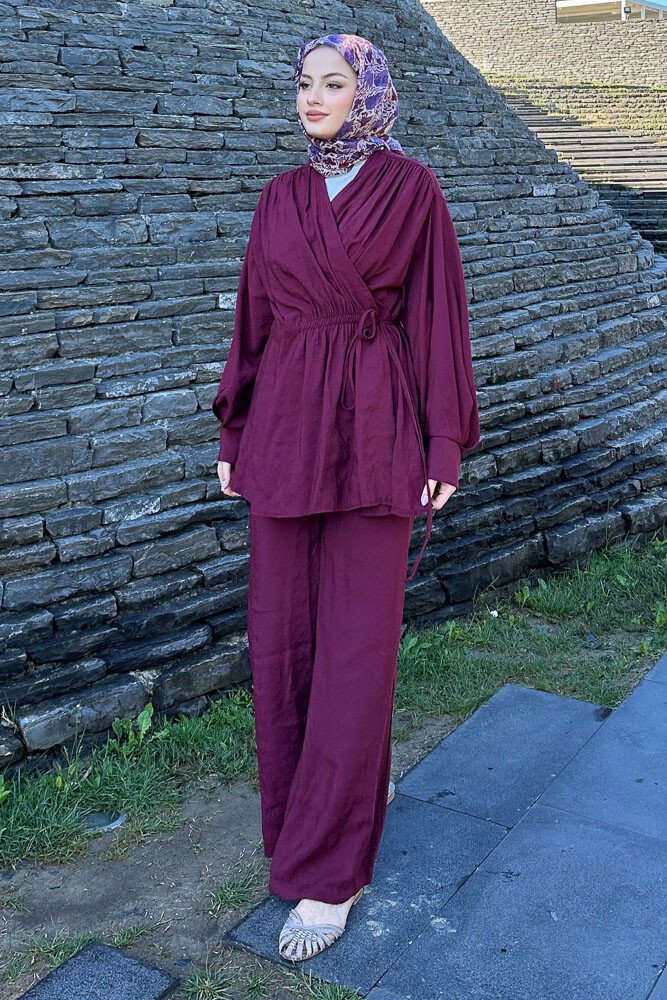 Omuz Büzgülü Takım - Bordo - 1