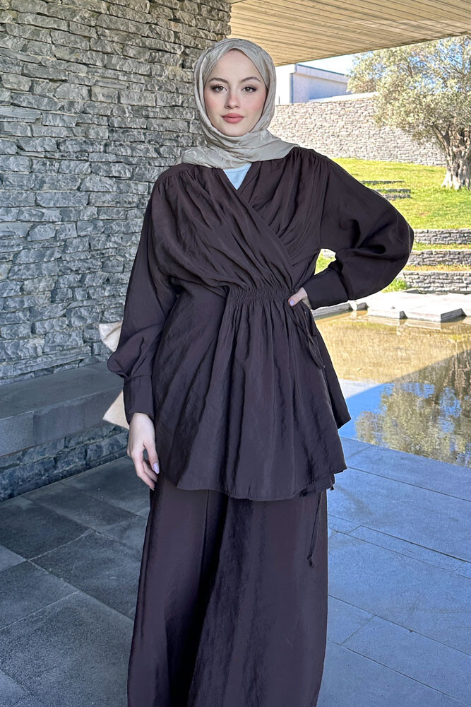 Omuz Büzgülü Takım - Kahverengi - 6