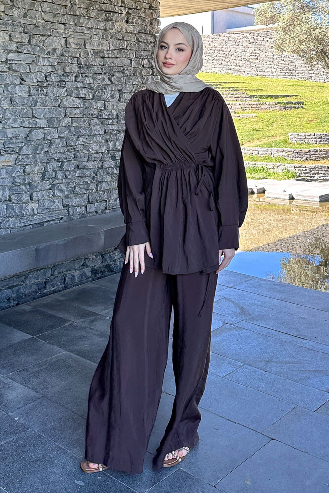 Omuz Büzgülü Takım - Kahverengi - 2