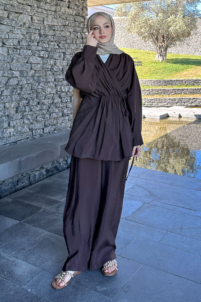 Omuz Büzgülü Takım - Kahverengi - 5