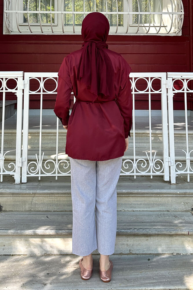 Omuz Detaylı İpli Gömlek - Bordo - 8