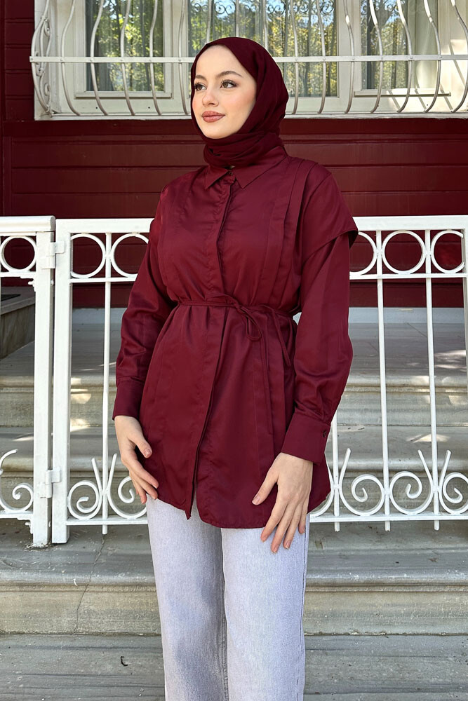 Omuz Detaylı İpli Gömlek - Bordo - 3