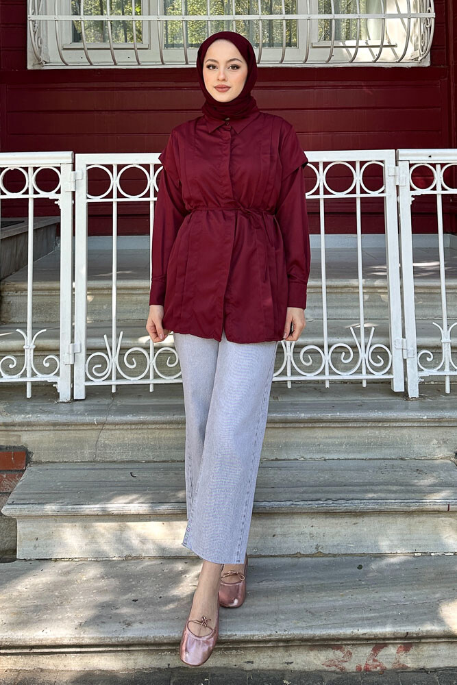 Omuz Detaylı İpli Gömlek - Bordo - 7