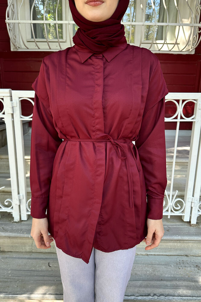 Omuz Detaylı İpli Gömlek - Bordo - 6