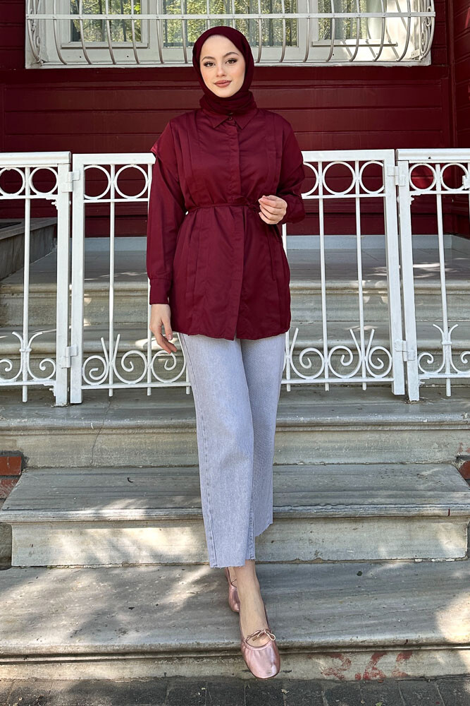 Omuz Detaylı İpli Gömlek - Bordo - 5