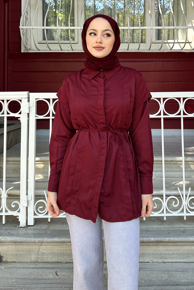 Omuz Detaylı İpli Gömlek - Bordo - 2