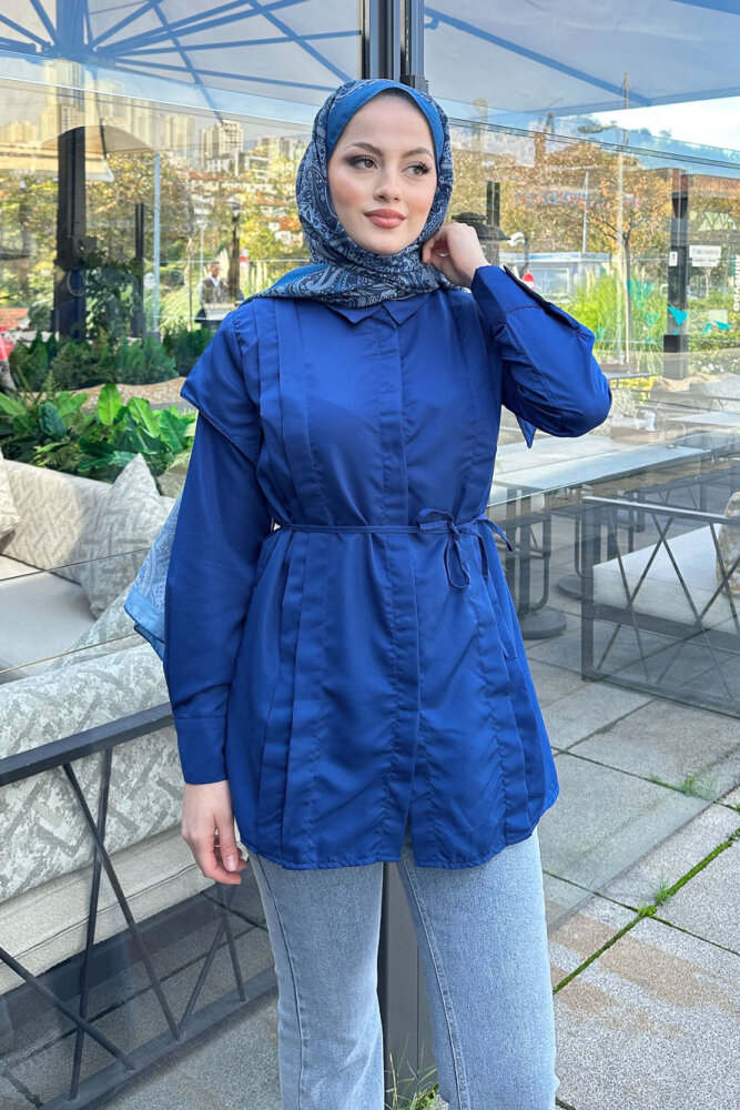 Omuz Detaylı İpli Gömlek - Lacivert - 7