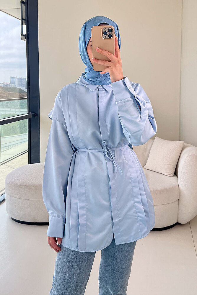 Omuz Detaylı İpli Gömlek - Mavi - 2