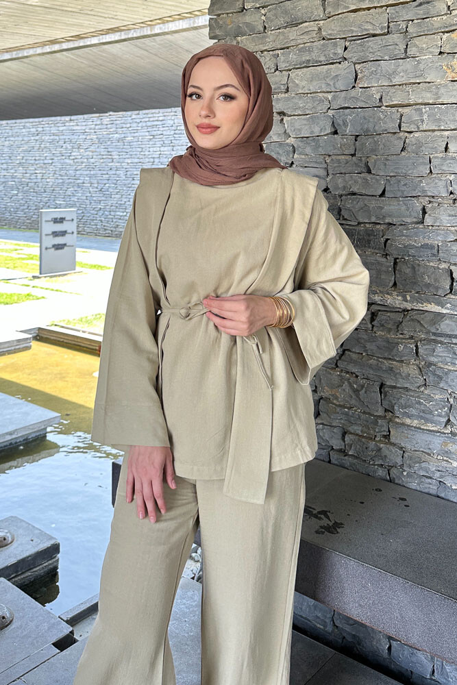 Omuz Kuşaklı Keten Takım - Çağla - 4