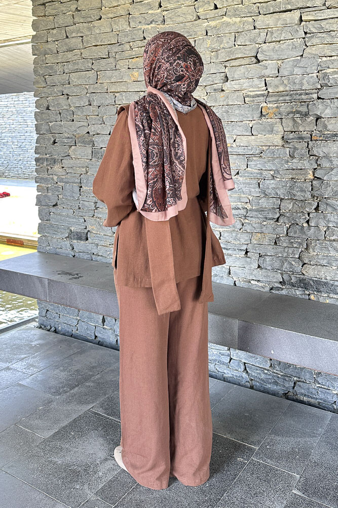 Omuz Kuşaklı Keten Takım - Kahverengi - 6
