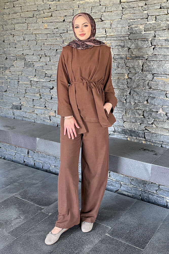 Omuz Kuşaklı Keten Takım - Kahverengi - 5