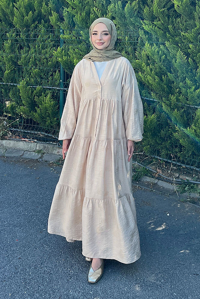 Önden Düğmeli Parçalı Elbise - Bej - 4