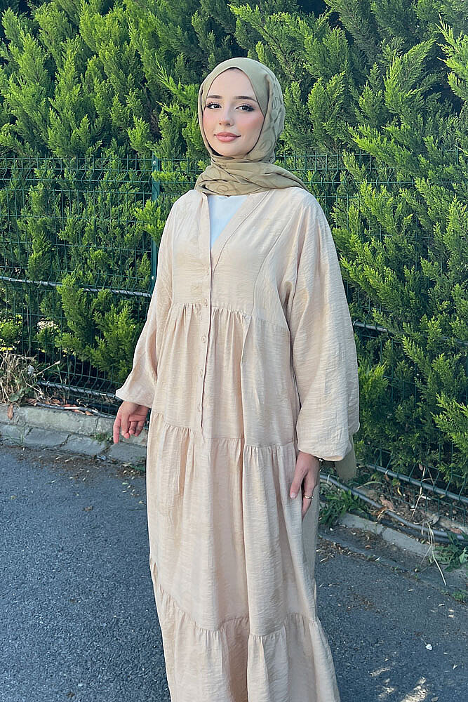 Önden Düğmeli Parçalı Elbise - Bej - 2