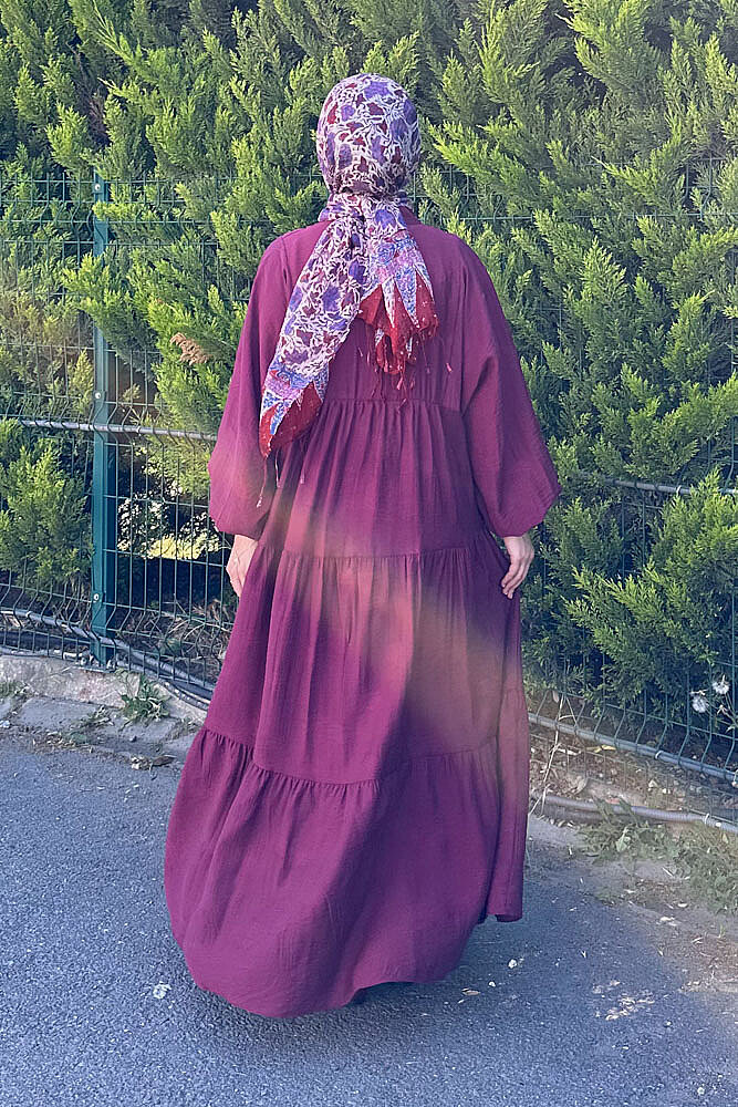 Önden Düğmeli Parçalı Elbise - Bordo - 6