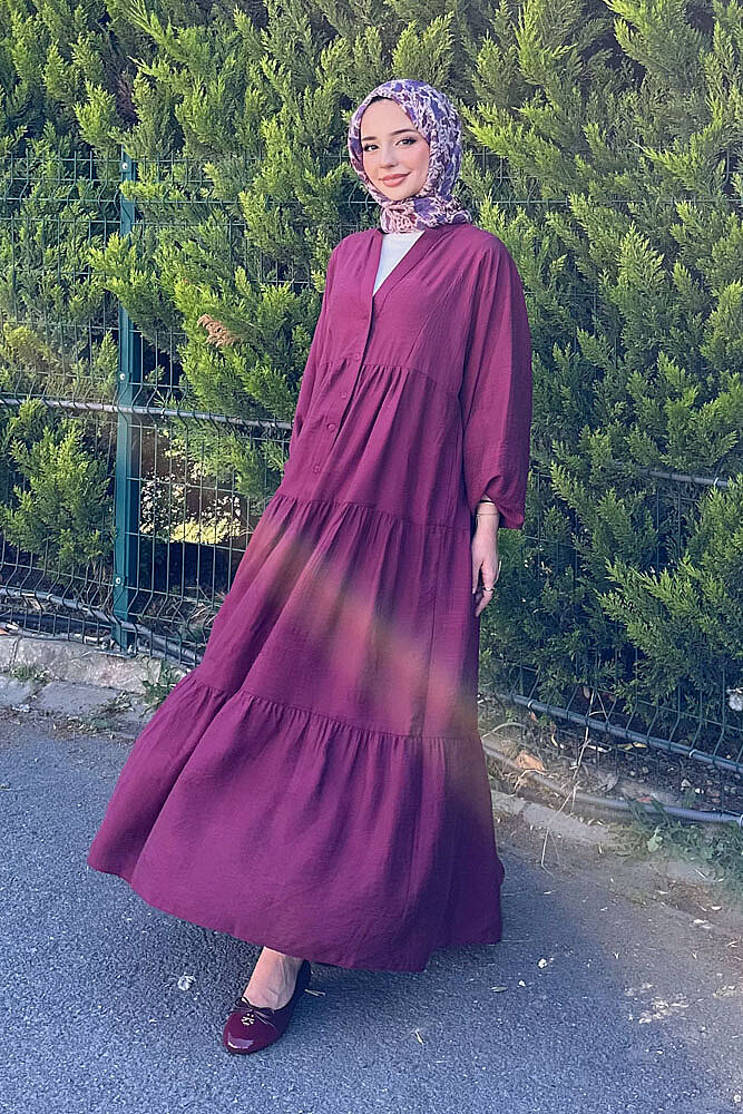 Önden Düğmeli Parçalı Elbise - Bordo - 2