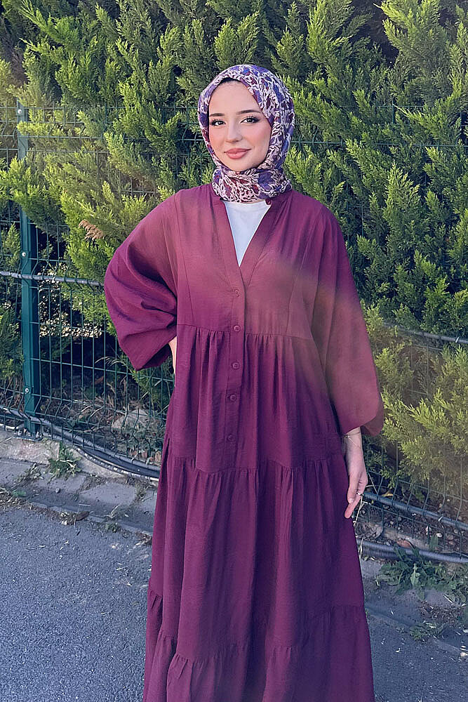 Önden Düğmeli Parçalı Elbise - Bordo - PUANE (2)