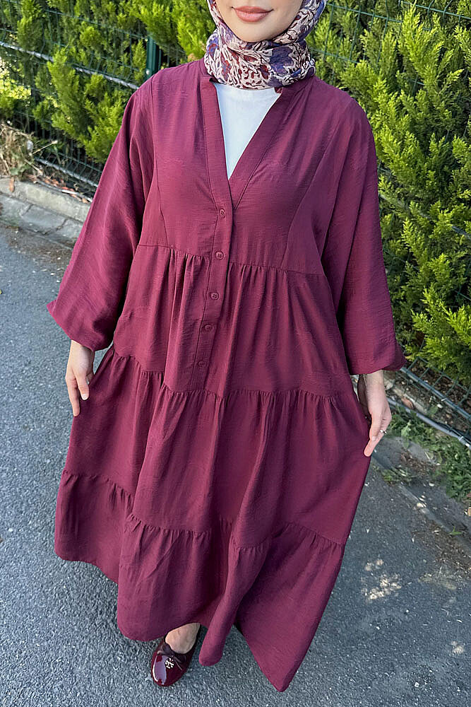 Önden Düğmeli Parçalı Elbise - Bordo - 4