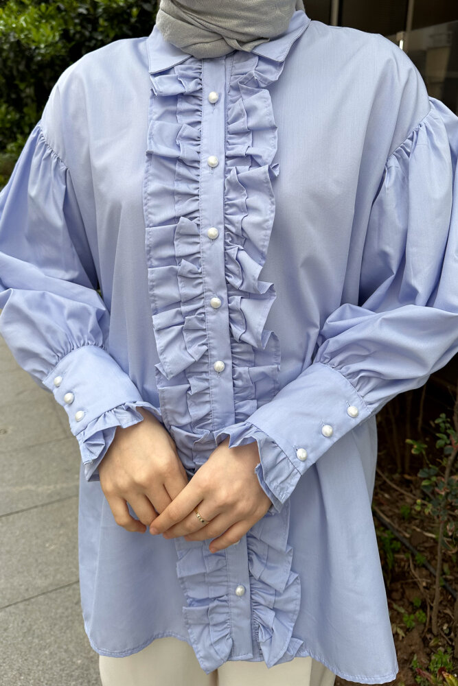 Önü Çift Fırfırlı Gömlek - Bebe Mavisi - 3