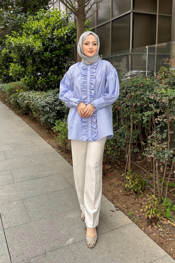 Önü Çift Fırfırlı Gömlek - Bebe Mavisi - 2