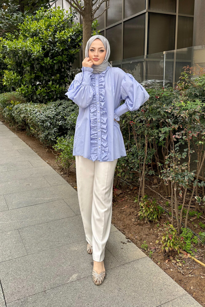 Önü Çift Fırfırlı Gömlek - Bebe Mavisi - HENZA (5)