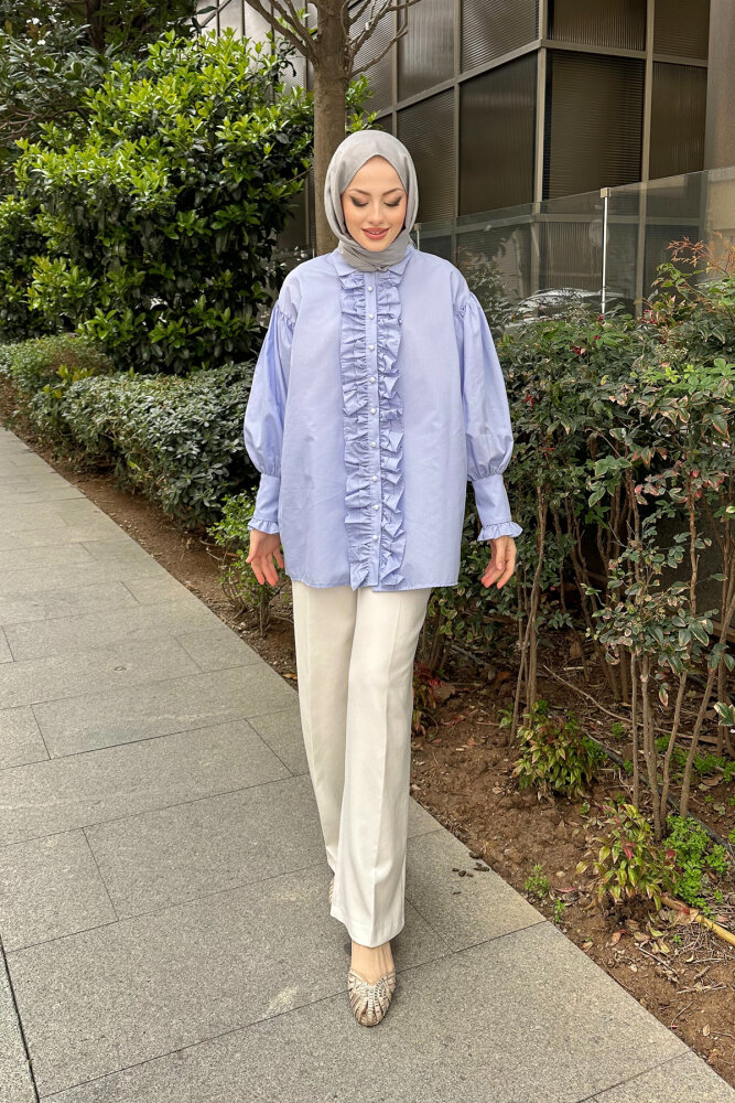 Önü Çift Fırfırlı Gömlek - Bebe Mavisi - HENZA (3)