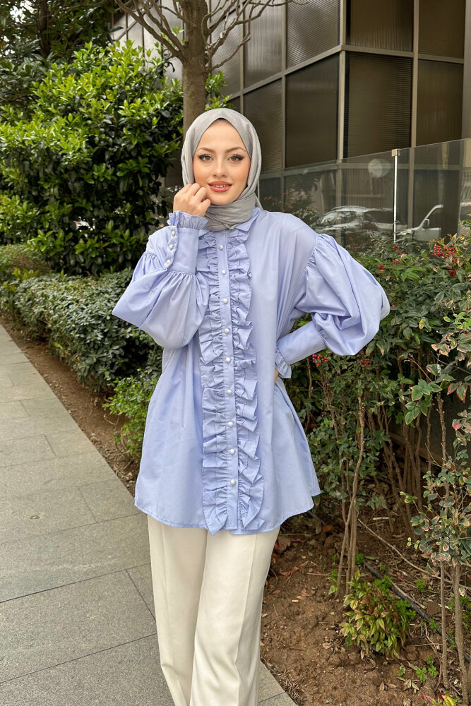 Önü Çift Fırfırlı Gömlek - Bebe Mavisi - 8