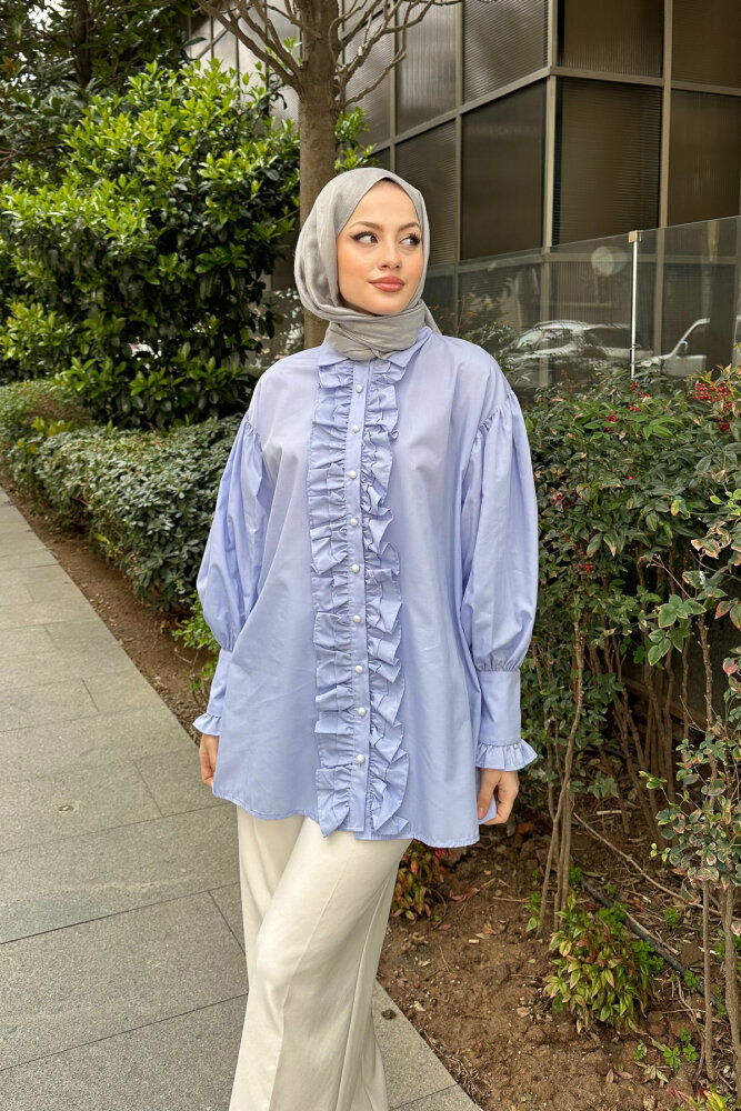 Önü Çift Fırfırlı Gömlek - Bebe Mavisi - 1