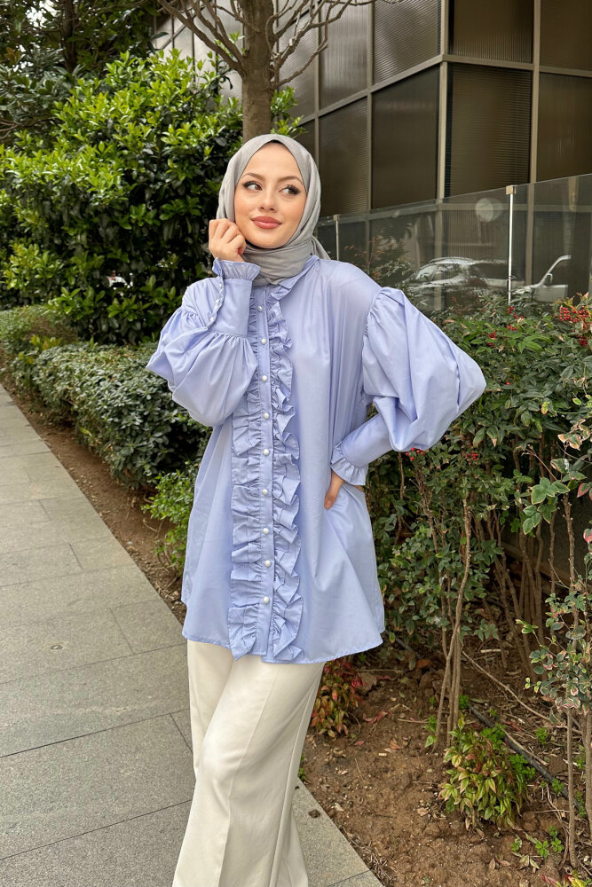 Önü Çift Fırfırlı Gömlek - Bebe Mavisi - HENZA (4)