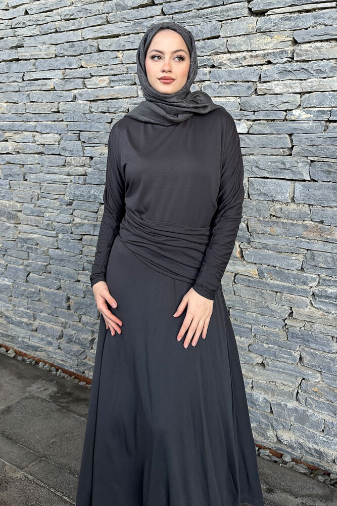 Önü Pile Detaylı Elbise - Antrasit - ENMA (1)