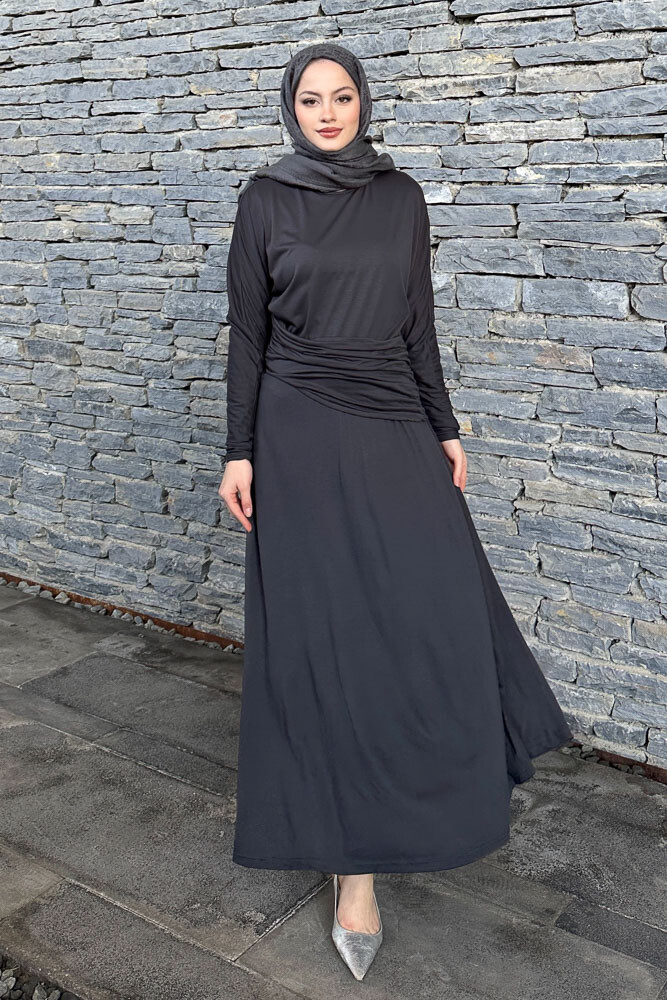 Önü Pile Detaylı Elbise - Antrasit - ENMA (2)