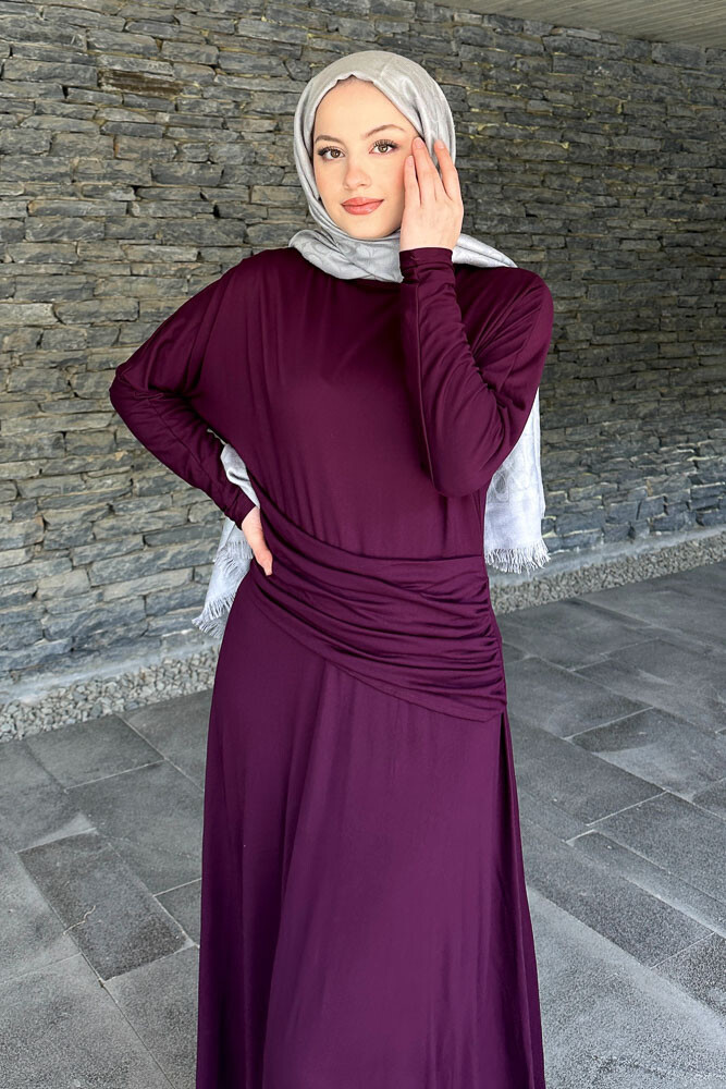 Önü Pile Detaylı Elbise - Mürdüm - ENMA (2)