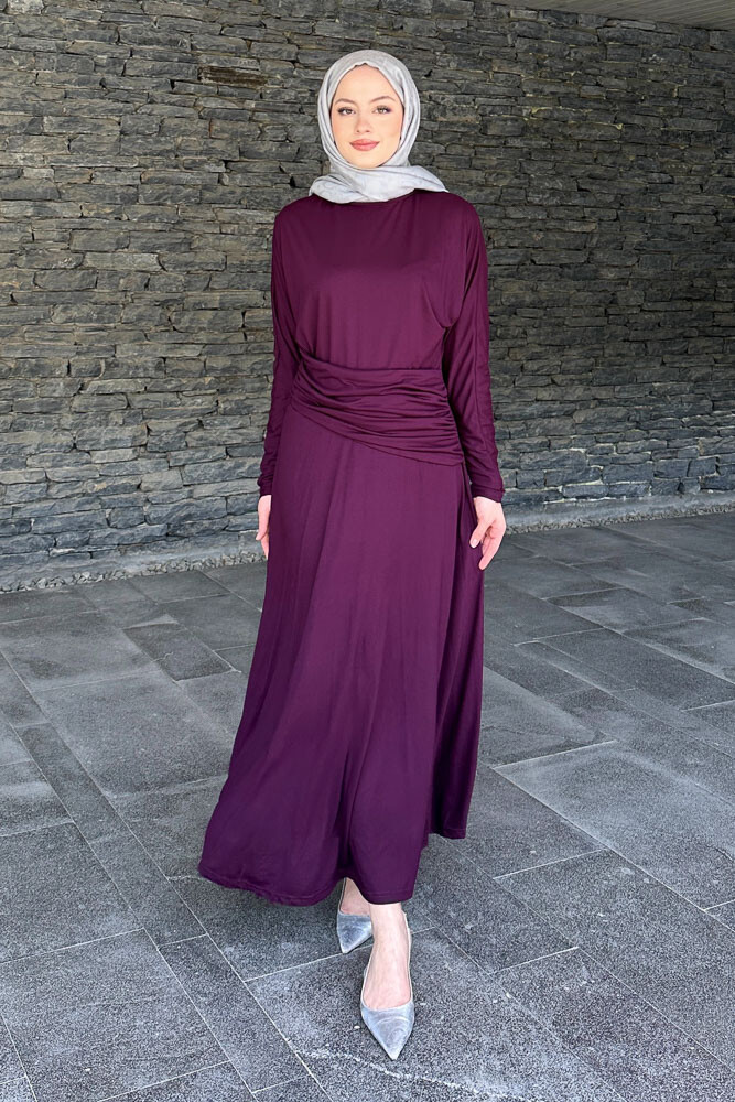 Önü Pile Detaylı Elbise - Mürdüm - ENMA (5)